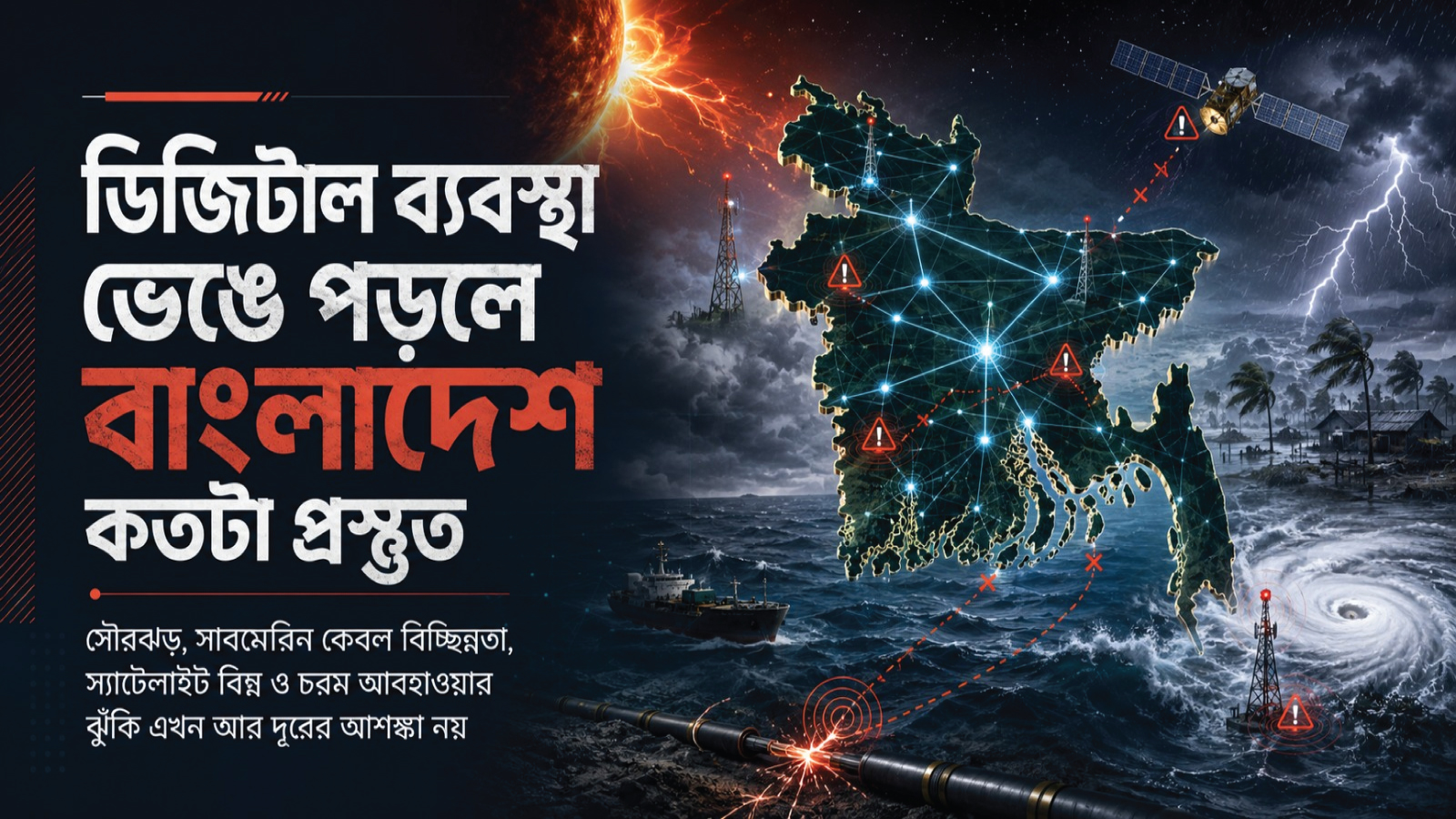 ডিজিটাল ব্যবস্থা ভেঙে পড়লে বাংলাদেশ কতটা প্রস্তুত সৌরঝড়, সাবমেরিন কেবল বিচ্ছিন্নতা, স্যাটেলাইট বিঘ্ন ও চরম আবহাওয়ার ঝুঁকি এখন আর দূরের আশঙ্কা নয়